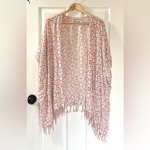 🏝️ Lagaci Beach Cover Up/Shawl in Geometric Print Orange, Blue & White One Size